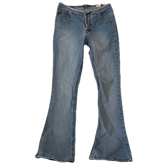 Vintage Mudd Clothing Women's Flare Blue Jeans size 1- Sm Stain, Missing Deco. - Picture 1 of 14